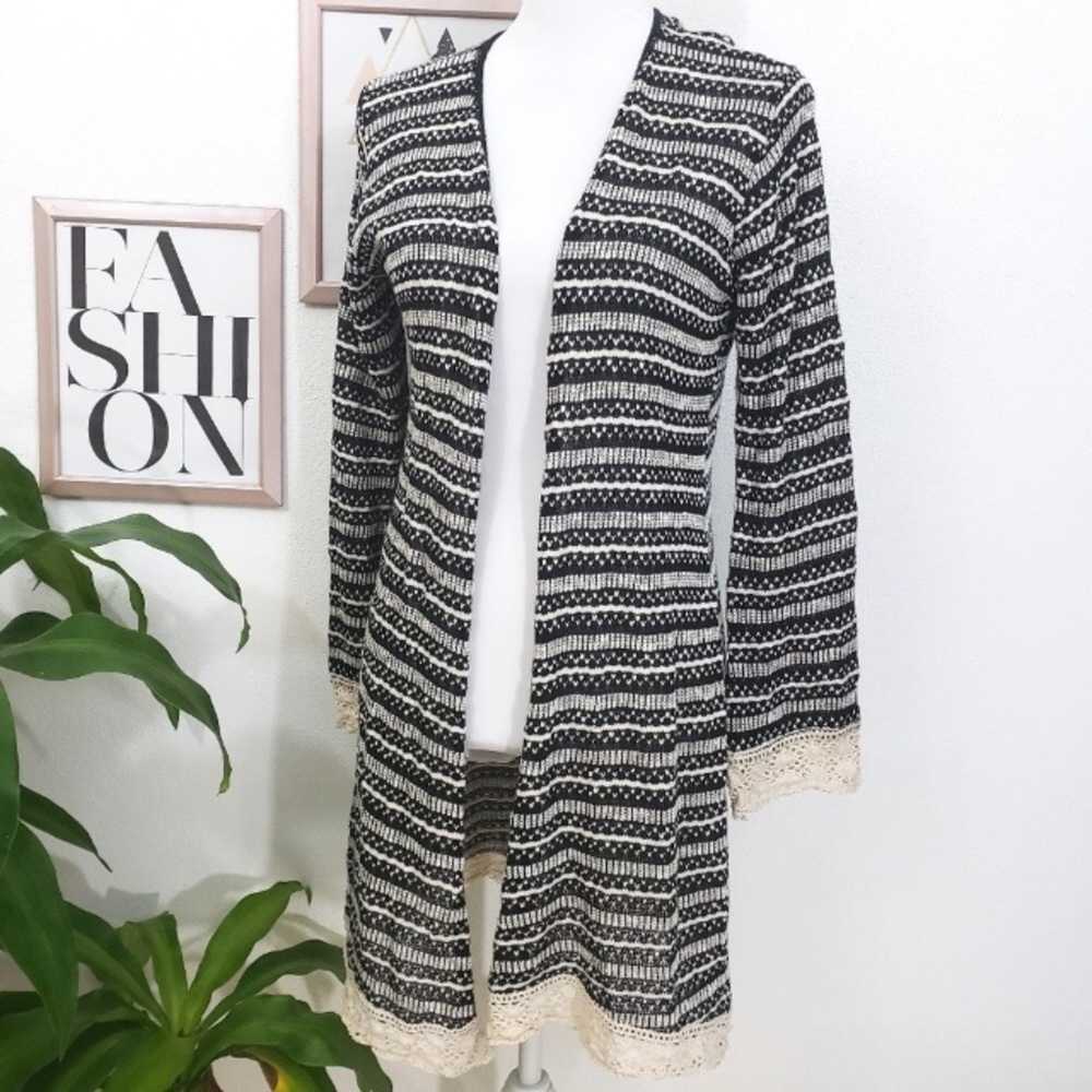 Say What -black, cream knit duster, cardigan
